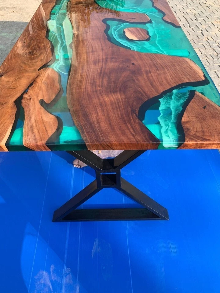 Blue Epoxy Top Center Dining Table Acacia Wood Countertop Walnut Resin Arts Top - Image 2 of 4