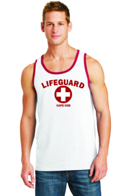 LIFEGUARD Shirt CAPE COD Tank Top POOL BEACH  white with red trim
