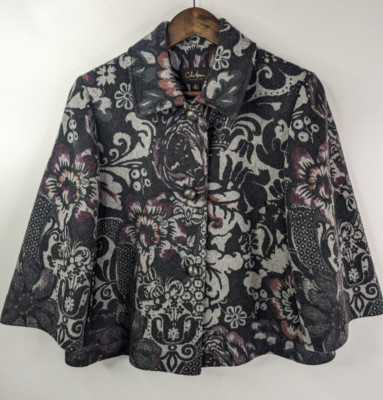 Cole Haan Collection Short Grey Wool Jacket Arabesque Floral Pattern Size 6