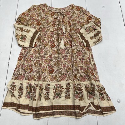 Apricot Floral Print Tassel Drawstring V Neck Loose Mini Dress Women's Size M