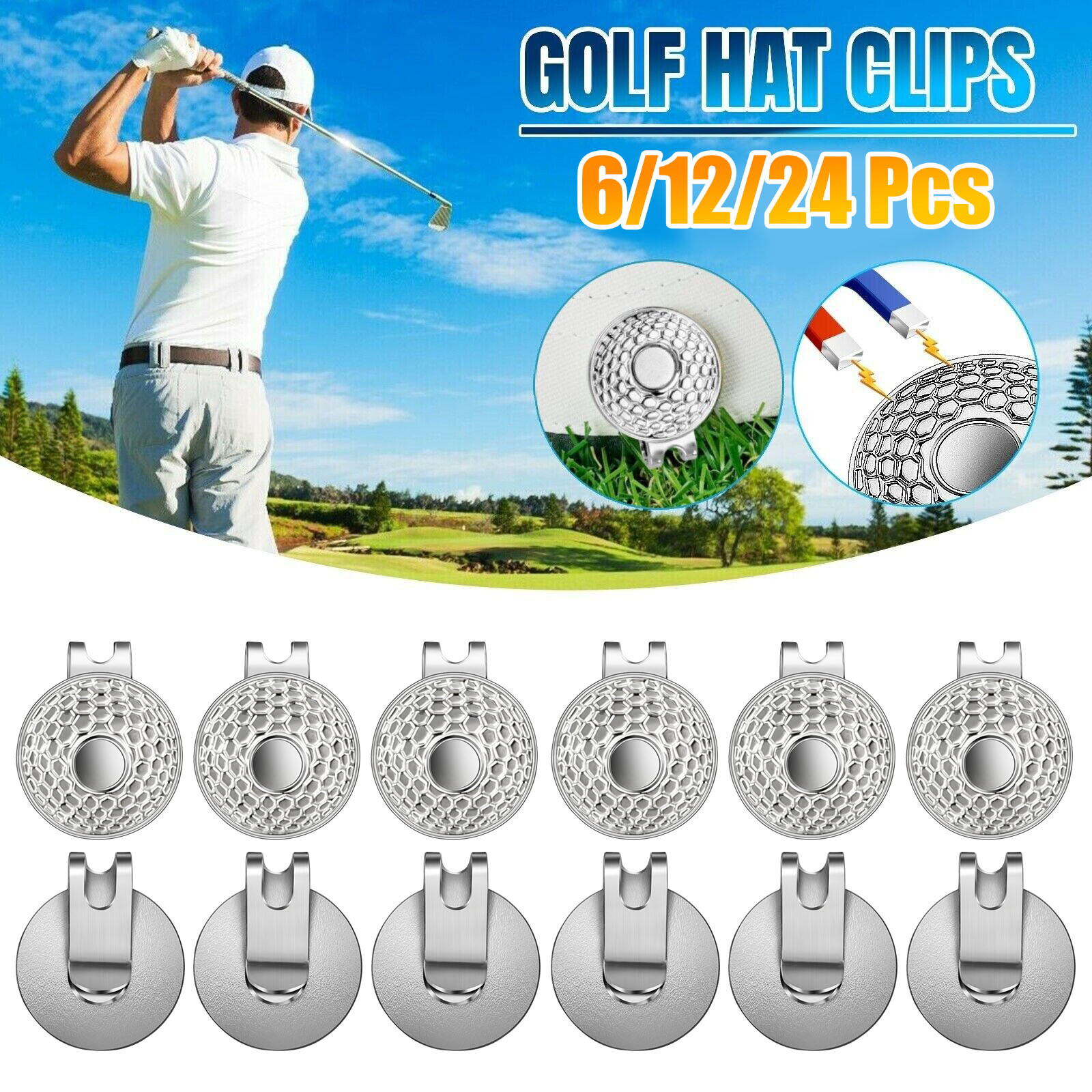 6/24x Magnetic Golf Ball Hat Clip For Golf-Bit Standard Marker w/Rhinestone Hole