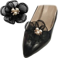 2 Pcs Pearl Flowers Shoe Clips Exquisite Rhinestone Shoes Charms Lace Black