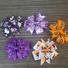 Halloween Ribbon Hair Bows Alligator Clip Skull, Ghost, Spider, Pumpkin Lot Of 5