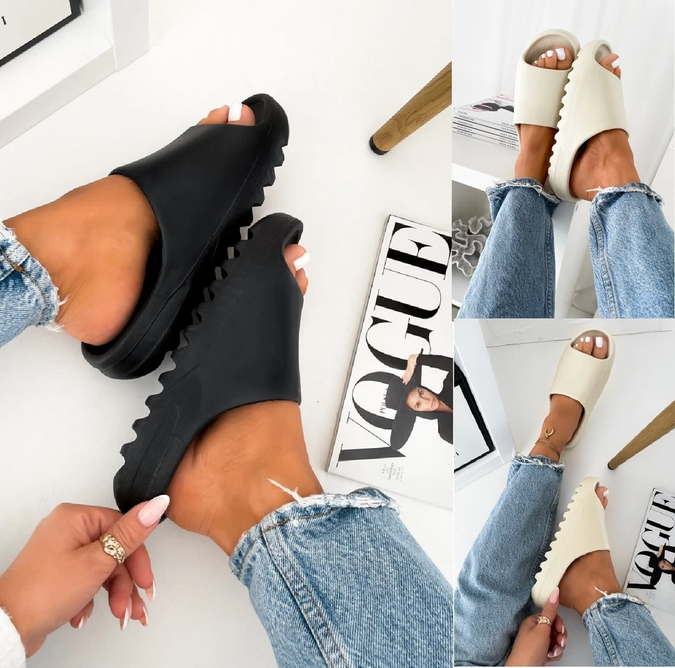 LADIES WOMENS RUBBER DESIGNER SLIPON SLIDERS SUMMER BEACH COMFY SANDALS SHOES