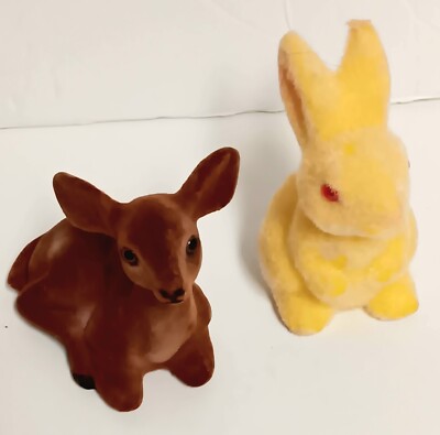 Vtg Felt Flocked Blow Mold Brown Spotted 3'' Doe & 4'' Yellow Bunny Red Eyes