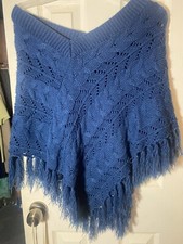 Blue Fringe Cape Poncho Sweater Size Small S/M Wrap