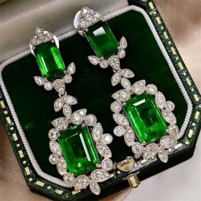 4Ct Lab Created Emerald Art Deco Vintage Dangle Earrings 14K White Gold Finish
