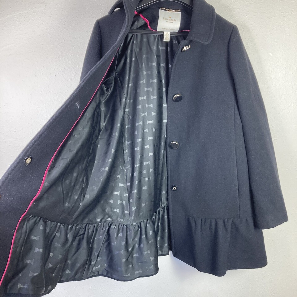 Kate Spade Black Wool Blend Peplum Pea Coat Jacket Women’s Size Small