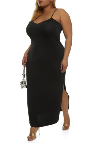 Plus Size Women Cami Side Split Black Solid Adjustable Straps Maxi Dress 3X NWT