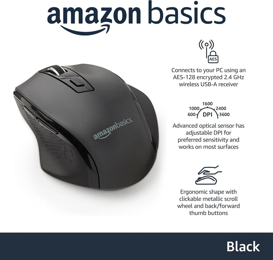 27x Amazon Basics Wireless Ergonomic Computer Mouse 2.4 GHz Adjustable DPI Black - Image 2 of 4