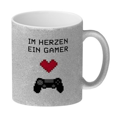 Game Controller Glitzer-Kaffeebecher mit Spruch Im Herzen ein Gamer