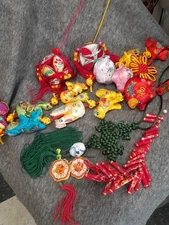 Asian Decorations Incl 2 Silk Embroidered Tasseled Balls 6 Separate Pieces