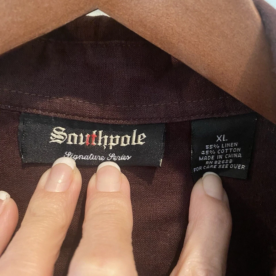 Southpole Linen Blend Shirt Men's XL Brown Long Sleeve Button Up Vtg Y2K EUC - Image 2 of 4