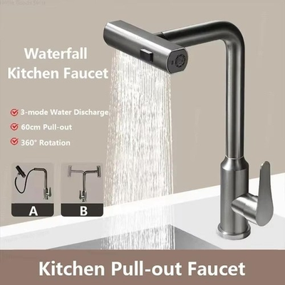 #ad Grey silver Pull Out Kitchen Faucet Flexible Hot and Cold Water Kitchen Sink $79.99