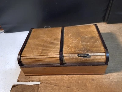 JAPANESE WOOD INLAID CIGARETTE BOX Mechanical Scroll Top Lids Has Crack On Side - Image 1 of 4