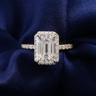 4 CTW Emerald Cut D/VVS1 Moissanite Halo Engagement Ring 14K Yellow Gold Plated