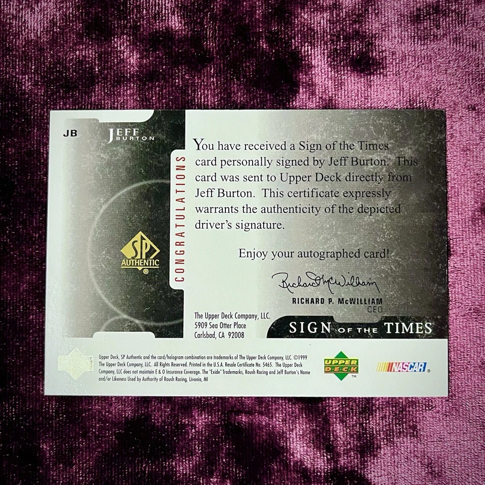 Jeff Burton 1999 SP Sign Times Autograph NASCAR Auto Racing HOF Virginia Legends - Image 2 of 2