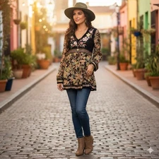 Ebene by Patrick Assouline Floral Embroidered & Beaded Mixed Media Tunic Boho