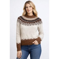 Handmade 100 Alpaca Nordic Fair Isle Sweater Women's Small Brown Cream Cozy