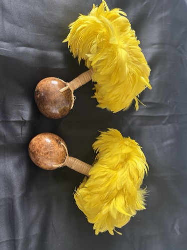 Vintage Yellow Uli Uli Pair Hawaiian Polynesian Dance Feathers Hula Gourds