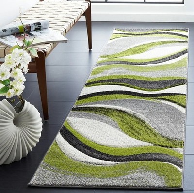10 Ft Runner Rug Modern Grey Green Abstract Accent Carpet Hall Way Entry Luxury