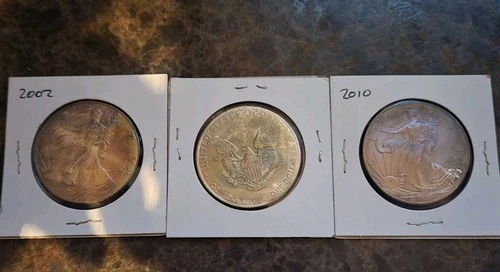 3 1oz .999 Silver Toned  $1 American Eagles BU 2002, 2010,2014