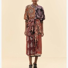 Farm Rio Sweet Mermaids Midi Shirt Dress L Colorblock Mixed Print Paisley Boho