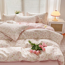 Floral Duvet Cover Full Size 3 Pcs Reversible White Pink Botanical Flower Beddin