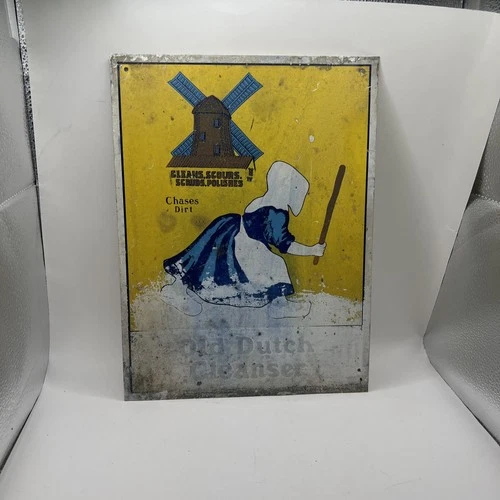 VINTAGE Old Dutch Cleanser Sign "Chases Dirt" Dutch Lady Advertising Metal Tin