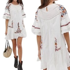 Free People Pablo Embroidered Boho Mini Dress Ruffle Sleeve, size XS