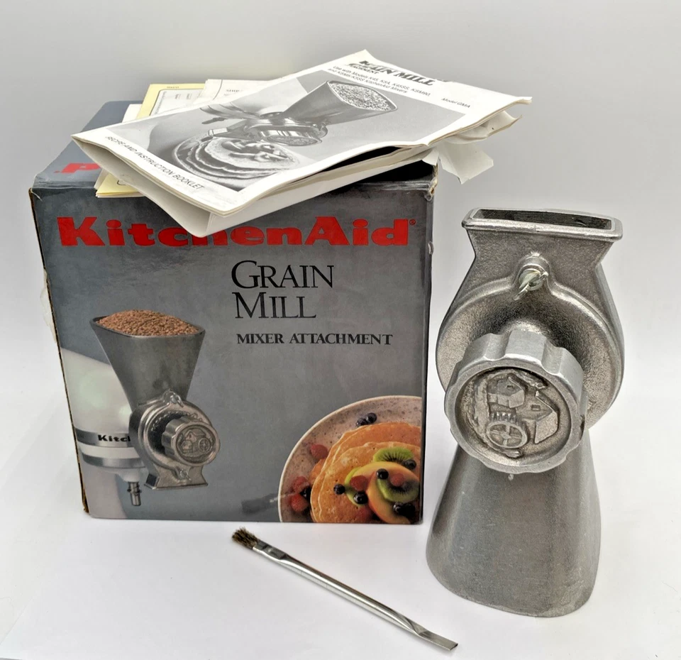 Accesorio mezclador molino de granos KitchenAid vintage todas las piezas metálicas en caja original Foto 2 de 4