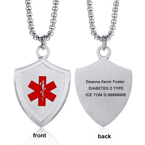 Personalized Engraving ID Name Medical Alert Men Necklace Guard Shield Pendant - Picture 21 of 35