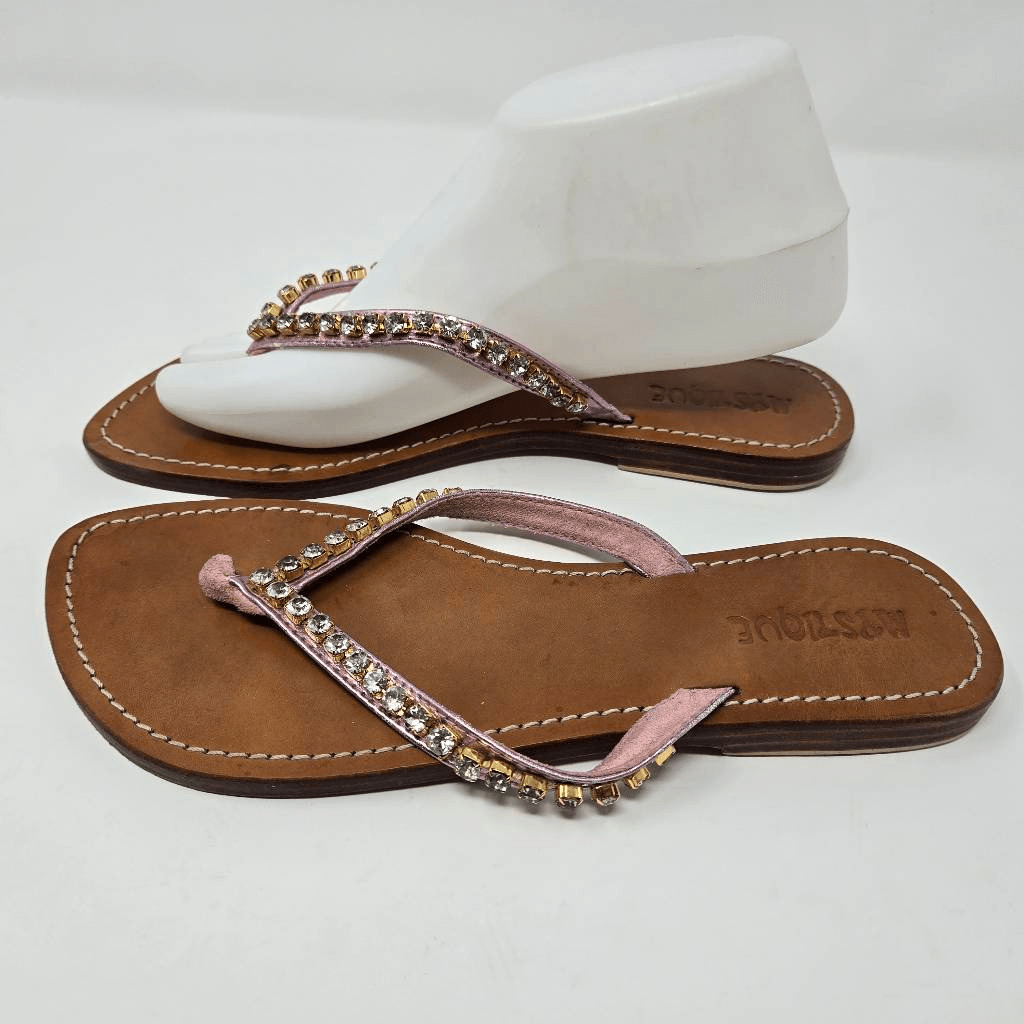 MYSTIQUE BROWN LEATHER PINK GOLD JEWELED SANDALS … - image 2