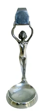 1930s Art Deco Cast Metal Chrome Diana Naked Lady Ashtray With Matchbox Holder