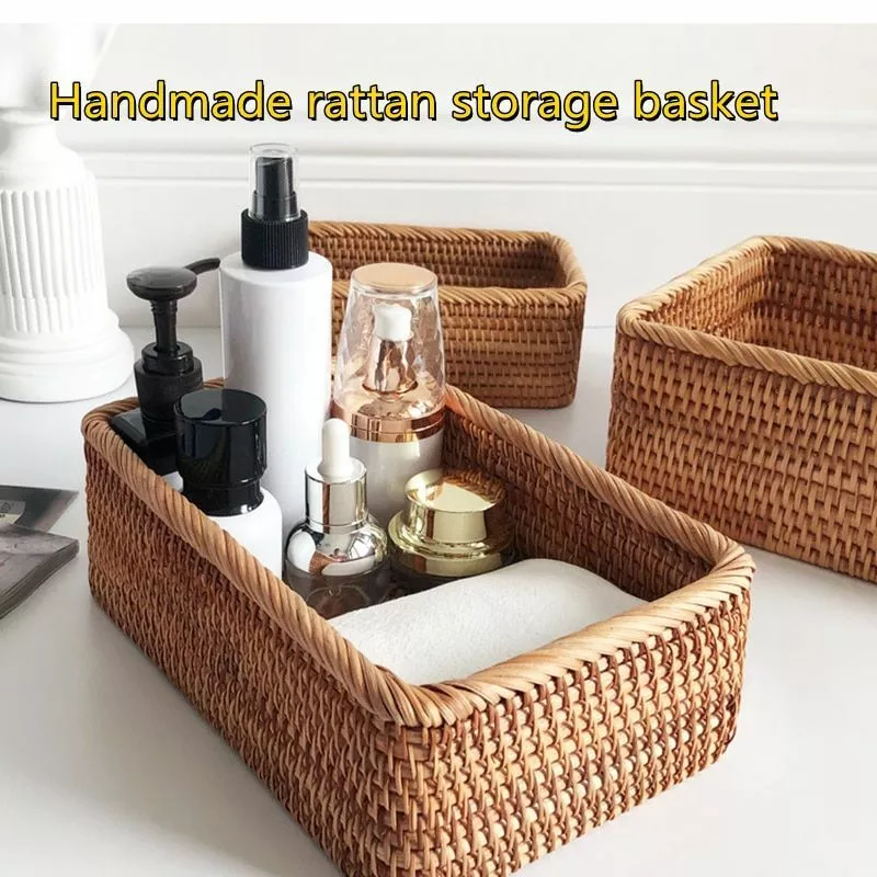 Hand Woven Rattan Storage Basket Rectangular Rattan Wicker Basket