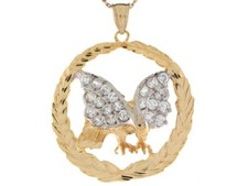 10k or 14k Two Tone Gold White CZ Bald Eagle in Laurel Wreath 4.4cm Pendant