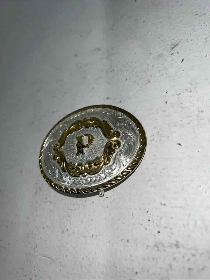 Nueva hebilla de cinturón para mujer Montana Silversmiths dorada plateada "P". 5000P A-105 Foto 3 de 4