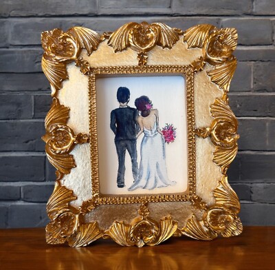 Bride & Groom Wedding Portrait watercolor print in mini vtg gold ornate frame
