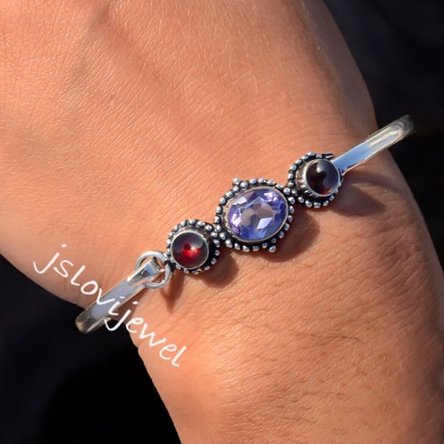Bracelet Manchette Argent Sterling 925 – Pierre Grenat Rouge Création – Fait Main Inde