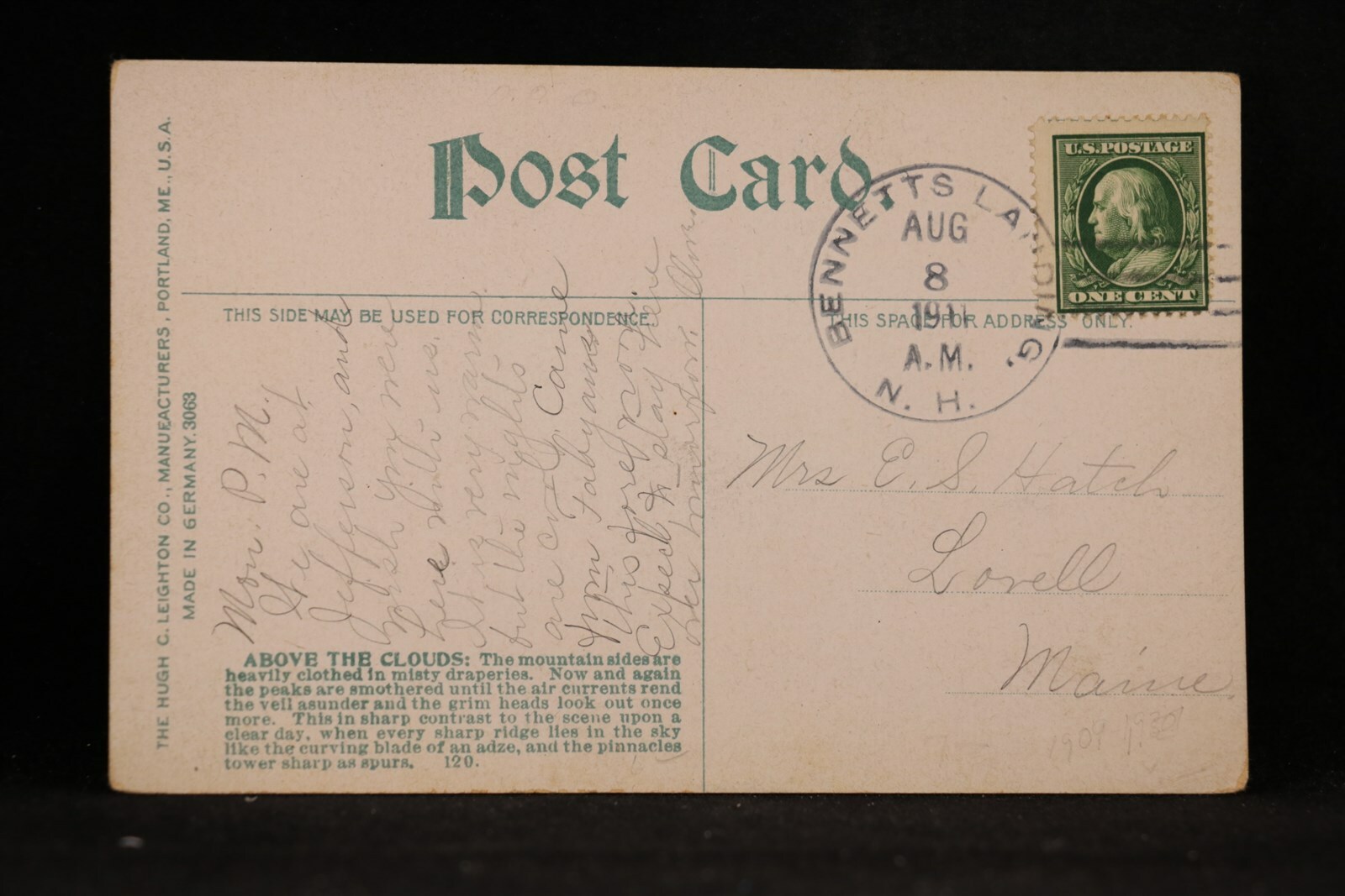 New Hampshire Landing 1911 White Mountain Postcard, DPO Coos