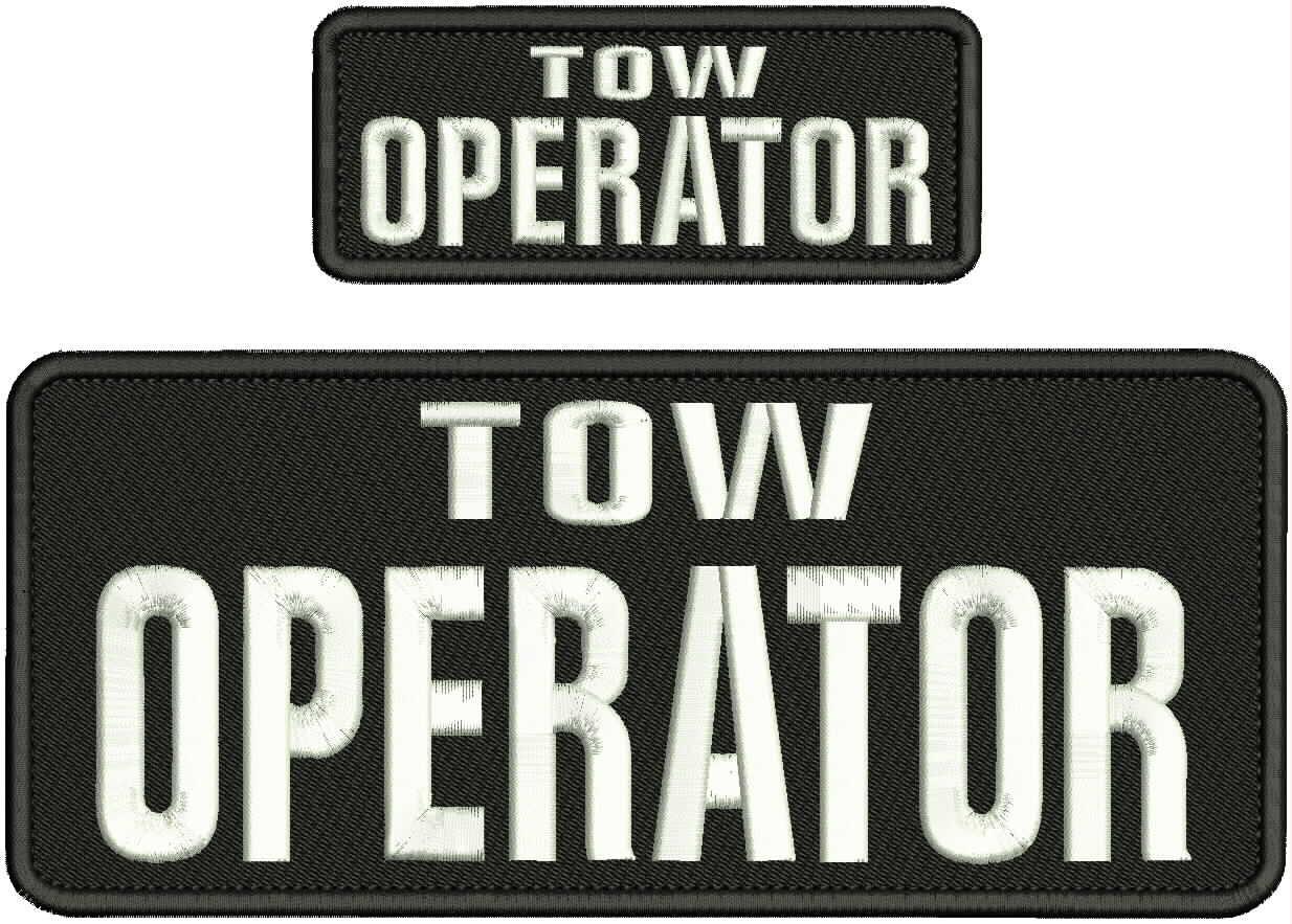 TOW OPERATOR EMBROIDERY PATCH 4X10X & 2X5 HOOK ON BACK WHITE ON BLACK ...