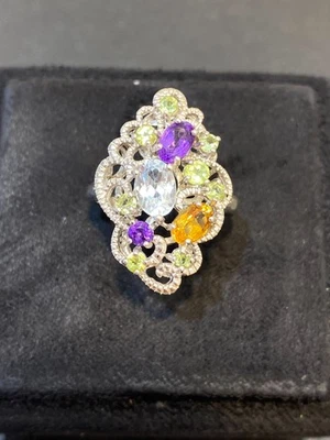 ANILLO NATURAL CIELO TOPACIO 7X5 AMATISTA CITRINO PERIDOTO PLATA ESTERLINA 925 - Imagen 1 de 4
