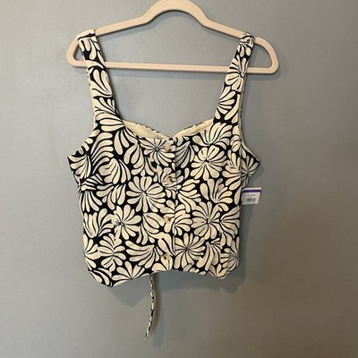 MNG By Mango Abstract Floral Button-Front Cami Top Navy & Cream SZ L lined nwt
