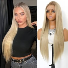 Brown Blonde Ombre Wig HD Front Lace Human Hair Blend Highlights Wavy Curly