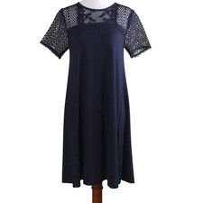 LOFT Swing Dress Womens S Navy Blue Crochet Lace Yoke Trapeze Boho Mod Feminine