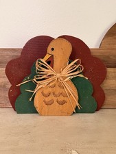 Vintage 1993 Wooden Turkey Shelf Sitter Thanksgiving Decor Hand Painted Signed
