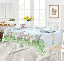 Easter Bunny Meadow Fabric Bordered Tablecloth, 60 x 84 inch Rectangle, Blue ...