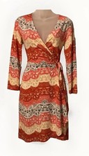 BCBG Maxazria Women’s Red Beige Abstract Career Wrap Dress Long Sleeves Size S