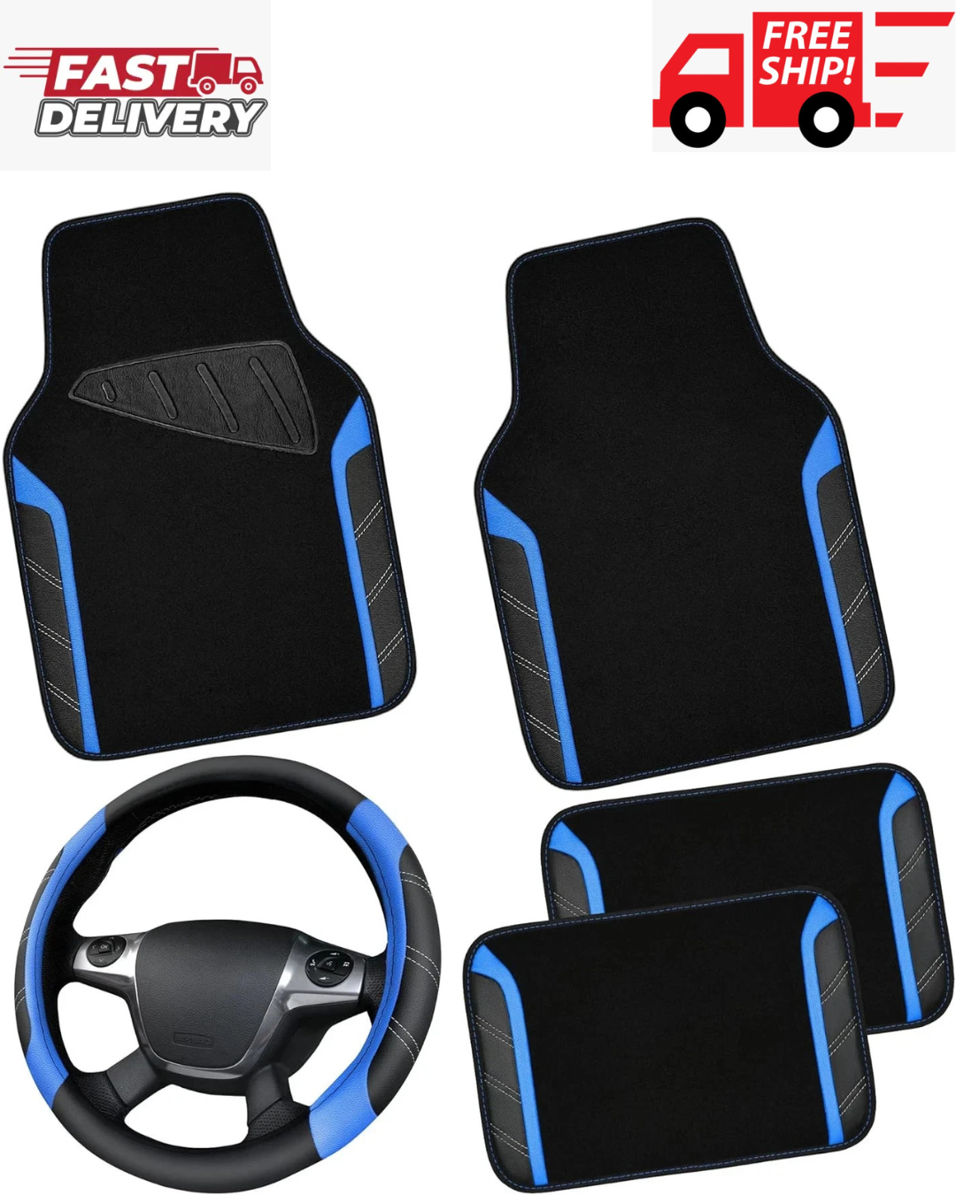 Leather Steering Wheel Cover and Waterproof Car Floor Mats,Microfiber Universal