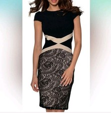 Miusol Black Beige short-sleeve bodycon dress featuring crossover waist accents